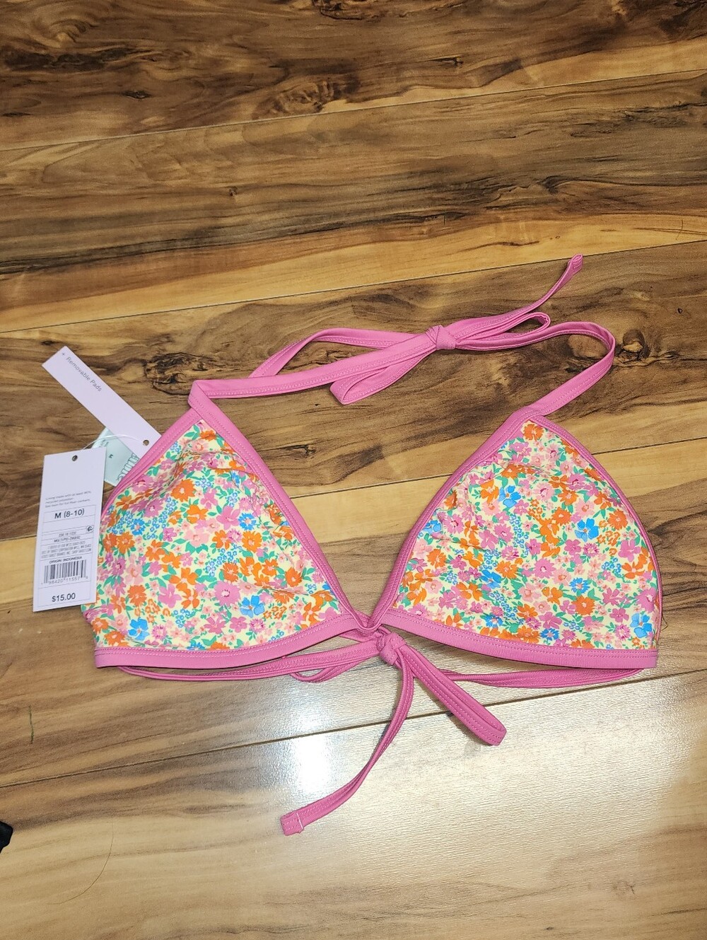 Floral Triangle Bikini Top with Pink Trim Size Medium 8-10
